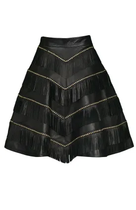 VERSACE BLACK LEATHER FRINGE AND GOLD STUD SKIRT 1992