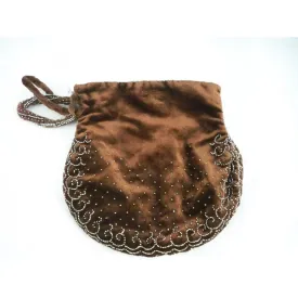 Vintage Chocolate Brown SIlk Velvet Purse Cut Steel Beads France 1920s