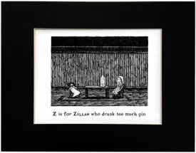 Certainly! Heres an optimized version of the e-commerce product title with modifiers:

Whimsical Z is for Zillah Art Print - Illustrated Alphabet Series, Gin-Themed Design, Perfect for Home Decor and Gift Giving